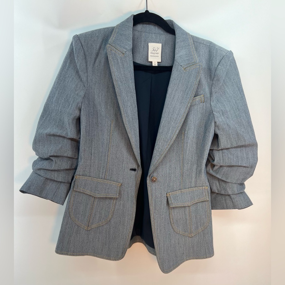 5 à 7 Cinq à Sept Louisa Grey Denim Notch Lapel Gathered Sleeve Blazer Jacket 6 - Picture 6 of 13